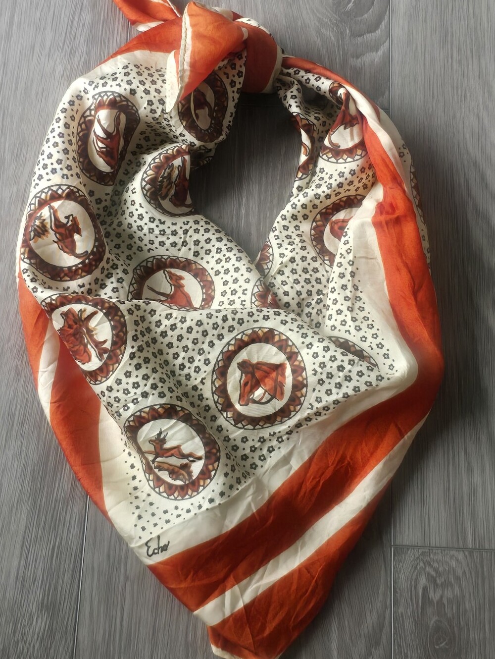 Echo Vintage Square Scarf Wildlife Animal Medallion Rust Orange Ivory 31" Fox